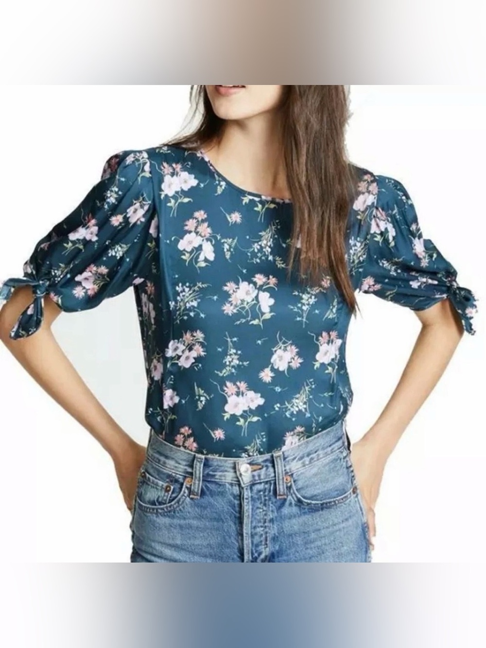 Rebecca Taylor Emilia Silk Floral Tie Sleeve Blouse in Teal